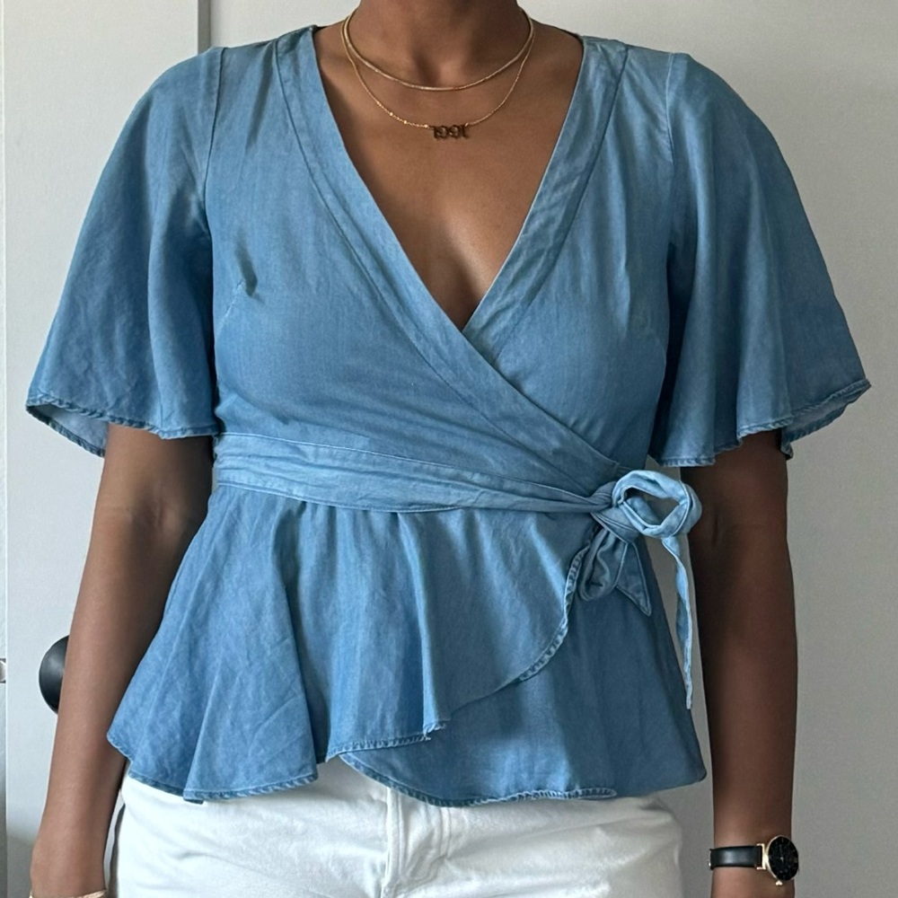 LOFT Denim Blue Wrap Blouse
